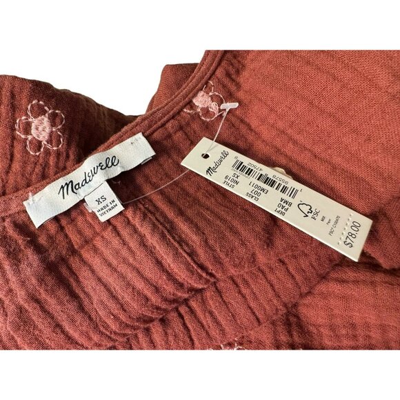 Madewell Wrap Gauze Cotton Side Tie Blouse Embroidered Pink Flowers Size XS - Picture 4 of 10
